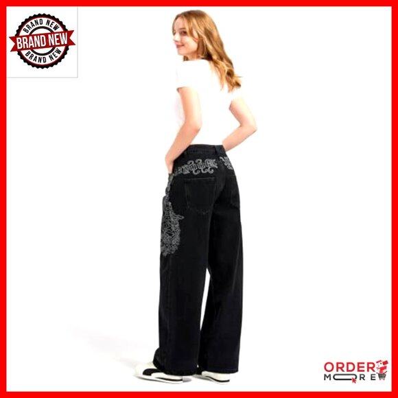 Wide Leg Baggy Jeans Mid Low Waist Loose Vintage Y2K Denim Pants - Picture 5 of 6